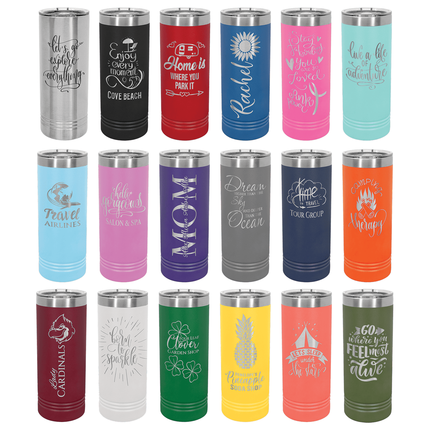 Custom Logo or Design Engraved Skinny Tumbler Stainless Steel 22oz with Lid