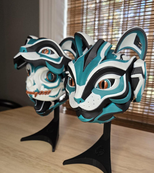 Exclusive Cat Bot Head | Green & Copper Articulating Print | Wall or Desk Mounted | Kitty Robot Gift Idea Catbot Mask Helmet Pipe Cox Skull